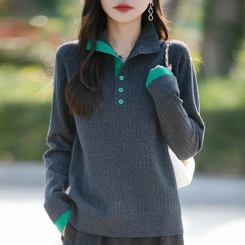 

Осенне-зимний модный свободный свитер с воротником до половины высоты, женский универсальный пуловер на пуговицах, однотонный вязаный пуловер, футболка, женские топы