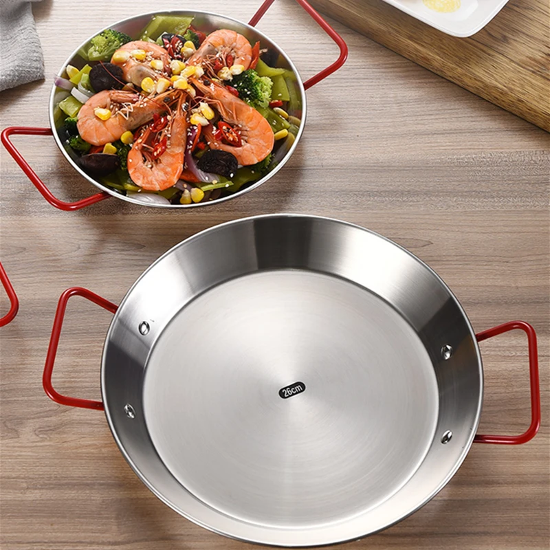 20-34cm Spanish Paella Cooking Pot Stainless Steel Seafood Frying Pan Double Handle Tableware Snack Plate Kitchen Tool Food Tray