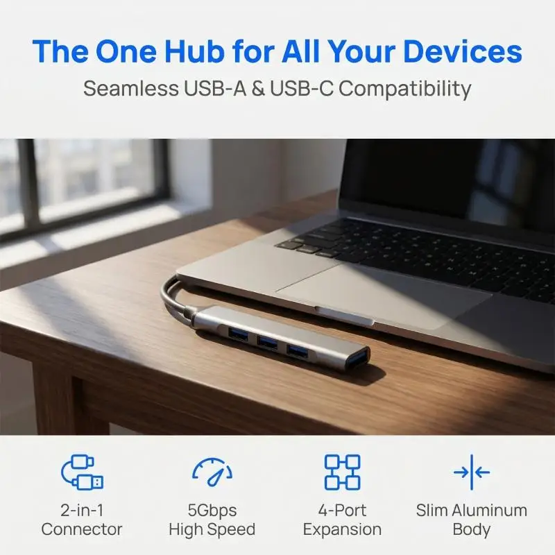 31BA Four-Way USB Splitterwith Integrated Two-Input Host Cable, Aluminum and ABS USB Adapte 5 Gbps Output, and Three
