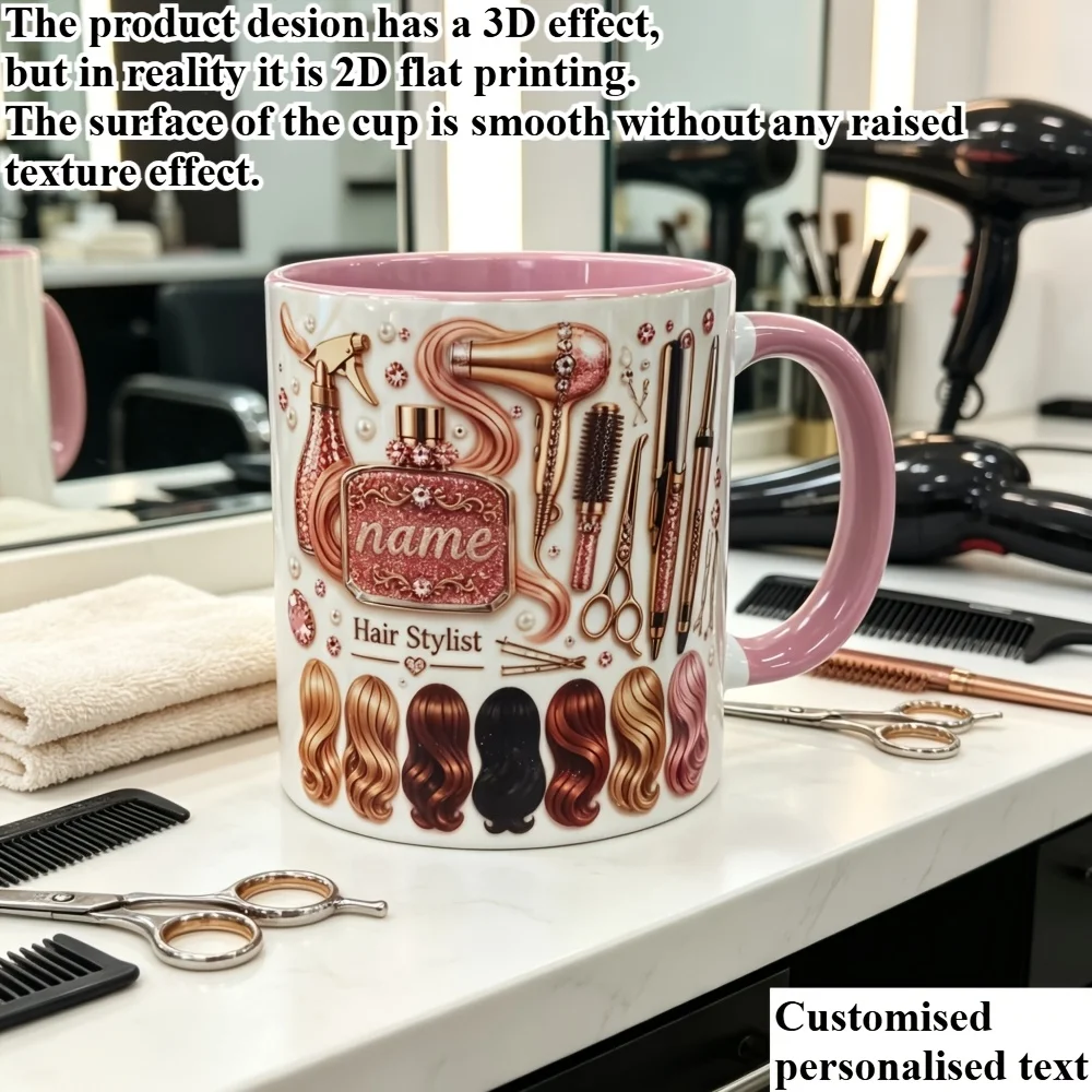 Personalized Hairstylist Mug Custom Name 11oz Ceramic Coffee Cup Pink Handle 2D Print Salon Gift for Barber
