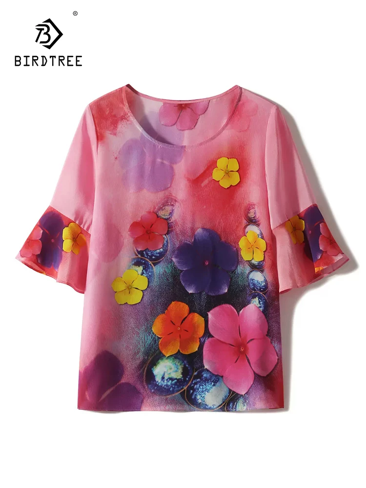 BirdTree, 100%Mulberry Silk Elegant T-Shirt, Women Flare Sleeve O Neck Floral, French Vacation Tops, 2024 Summer Fall T48890QC