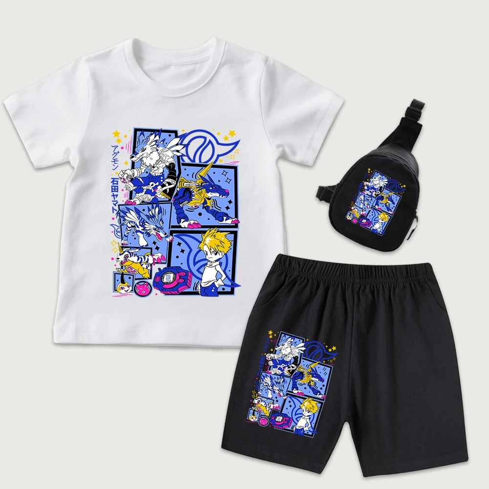 Digimon Ishida Yamato x Gabumon Anime Print Kids Boys Girls Cotton T Shirt Shorts Mini Chest Bag 3 Piece Set Summer Outfit