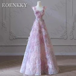 EOENKKY-exquisitos vestidos de graduación con flores en 3D lentejuelas brillantes una línea vestido de fiesta de boda con tirantes finos personalizado Exquisito vestido de baile de flores 3D Lentejuelas flash tipo a pa