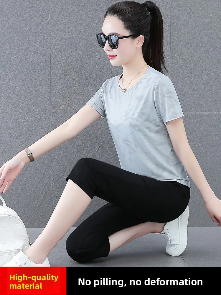 Ice Silk Outdoor Sports Suit Women's Summer Thin New Sle Breathable Qui Dry ort Sve Seven-Piece Pants Two-Piece Set