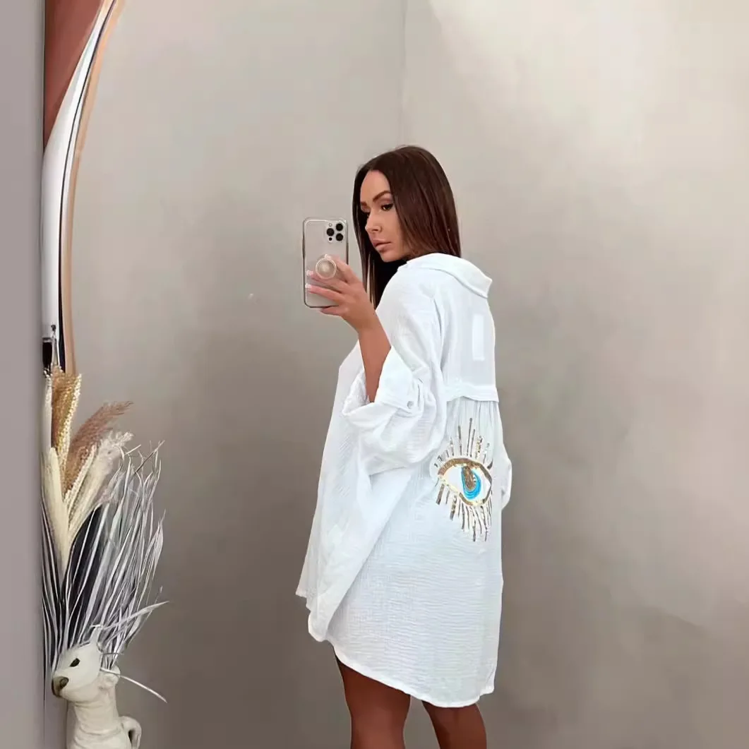 

Summer T Shirt Print Women Loose Full Sleeve Turn Down Collar Casual Shirts Cardigan Button Top Elegant Lady Street wear