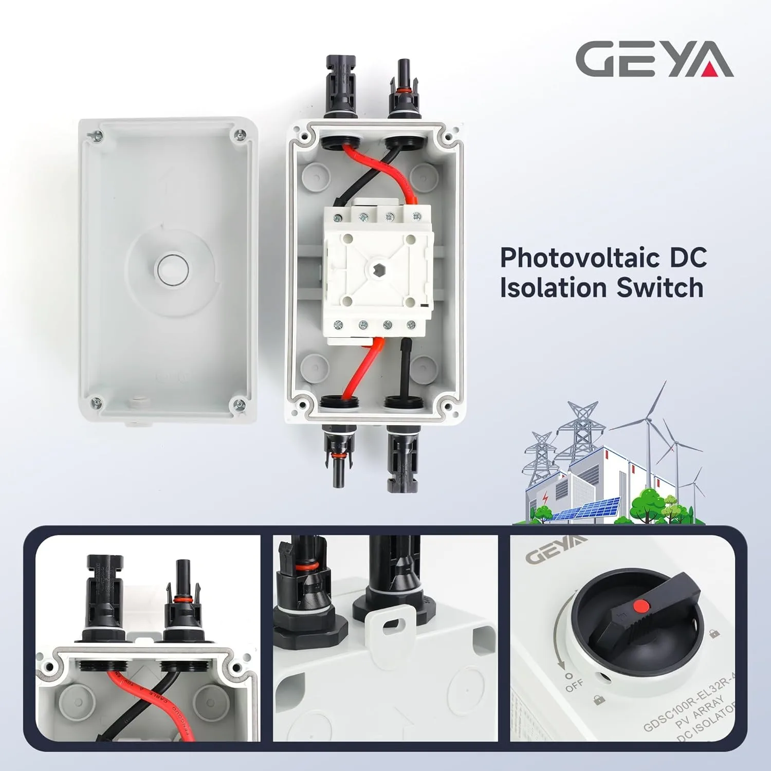 GEYA GDSC120R PV Solar Disconnect Switch DC1200V 32A 4P Isolator IP66 Waterproof for Photovaltaic System with MC4 Connectors view 3