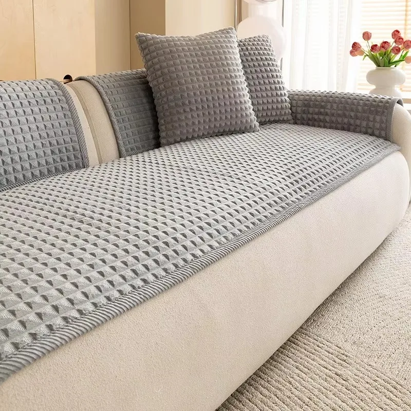 Flannel Sofa Cushion Cover, Solid Color Quilted Non-slip Couch Pad, Soft Plush Warm Protector for Autumn Winter Living Room Deco