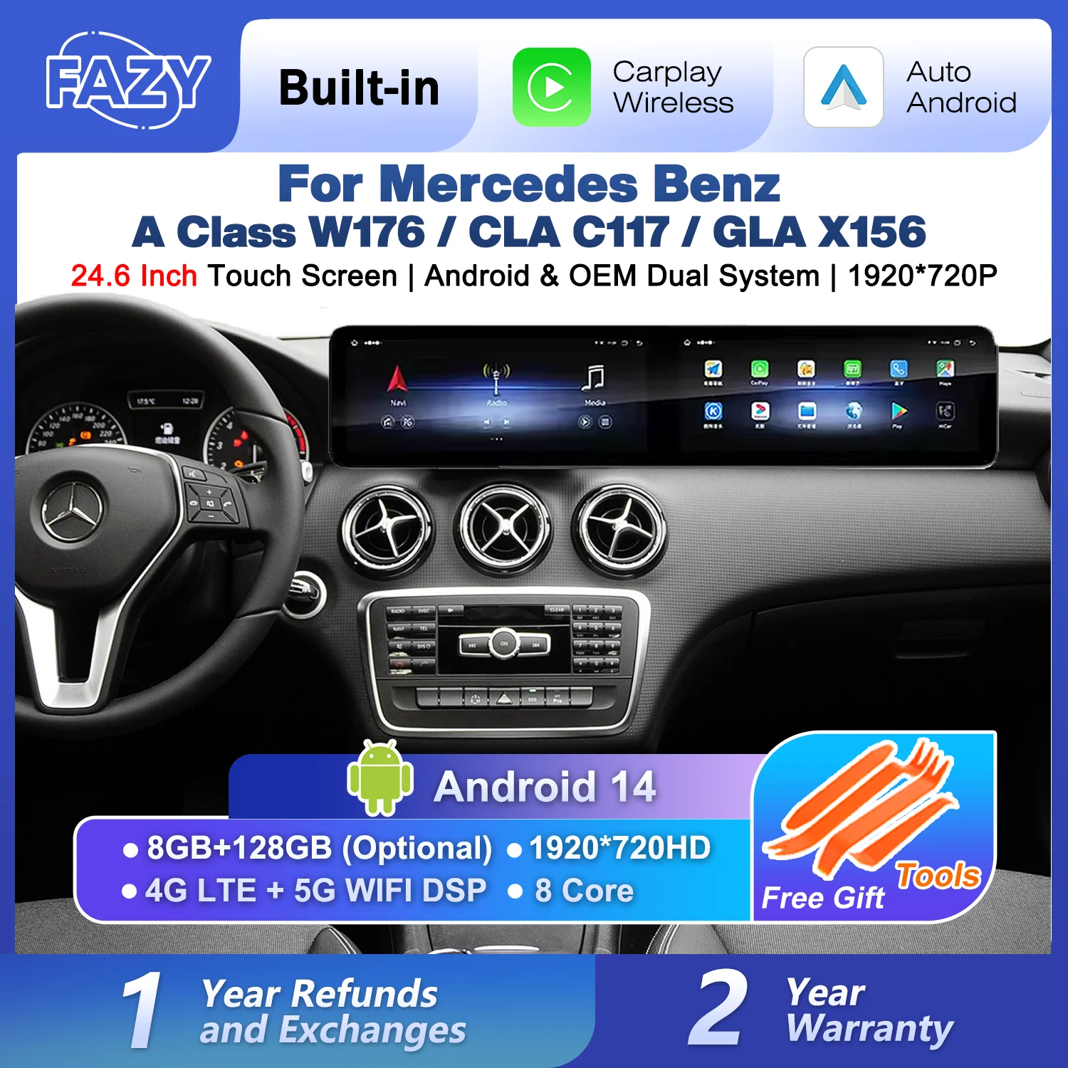 24.6 Inch Carplay Android Auto Dual Touch Screen For Mercedes Benz A CLA GLA W176 C117 X156 W463 Car Radio WIFI GPS Navigation