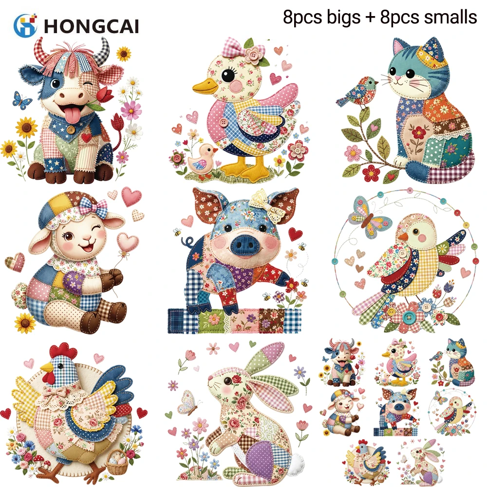 8 large & 8 small collage animal DTF transfers, soft no-mark film for tank tops & tees, ready to press