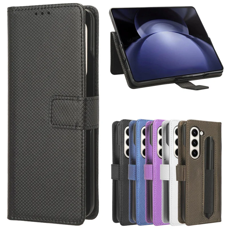 For Samsung Galaxy Z fold 6 5G Solid Color Leather Case with Pen Holder Galaxy Fold5 4 3 Phone Case Flip Masonry Wallet Case