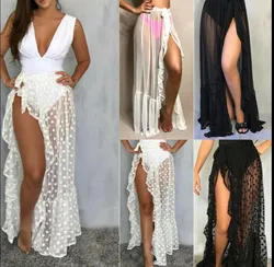 Women Beach Mesh Sheer Skirts Swim Wear Bikini Cover Up Wrap Long Sarong Pareo See Through Ladies Clothes Holiday Fashion New