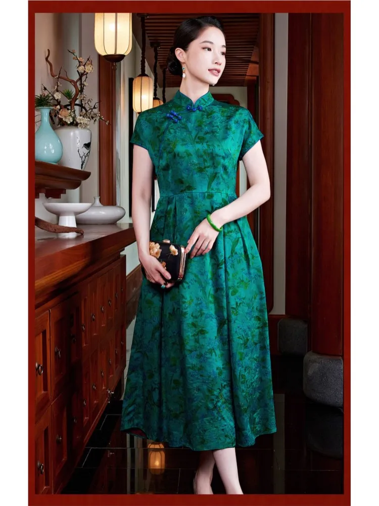 Chinese-style Xiangyunsha dress silk green improved cheongsam