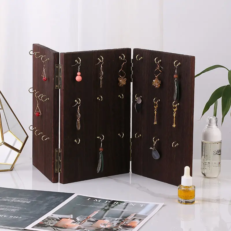 

Wood Earrings Ear Studs Necklace Display Rack Multifunctional Folding Screen Earring Jewelry Display Stand Holder With 50pc Card