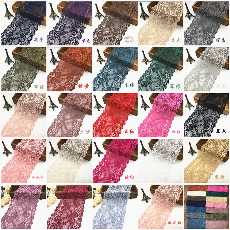 

Эластичная кружевная лента с цветочным узором, ширина 15 см, для рукоделия, шитья одежды, черная, белая, красная, синяя, зеленая, фиолетовая, желтая, кружевная тесьма