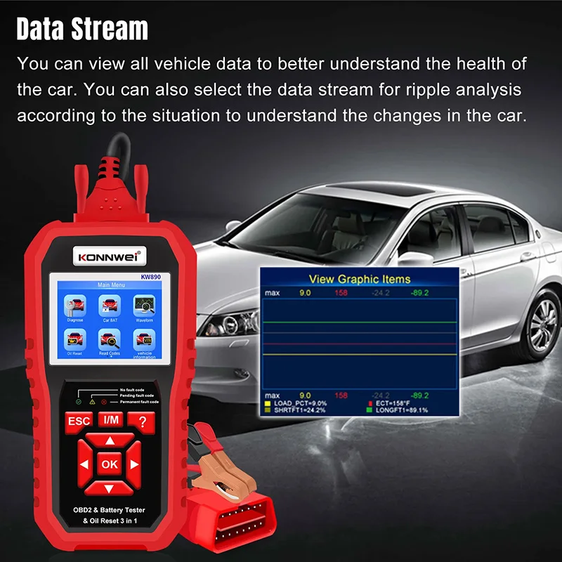 KONNWEI KW870 KW880 KW890 12V Car Battery Tester Analizer Auto Diagnostic Tool Battery Match 3 in 1 Car OBD2 Scanner Code Reader