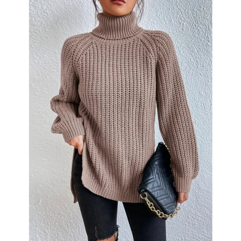 Autumn And Winter Women's Elegant Knitted Sweater Mid To Long, With Raglan Sleeves High Collar  And Split Sweater