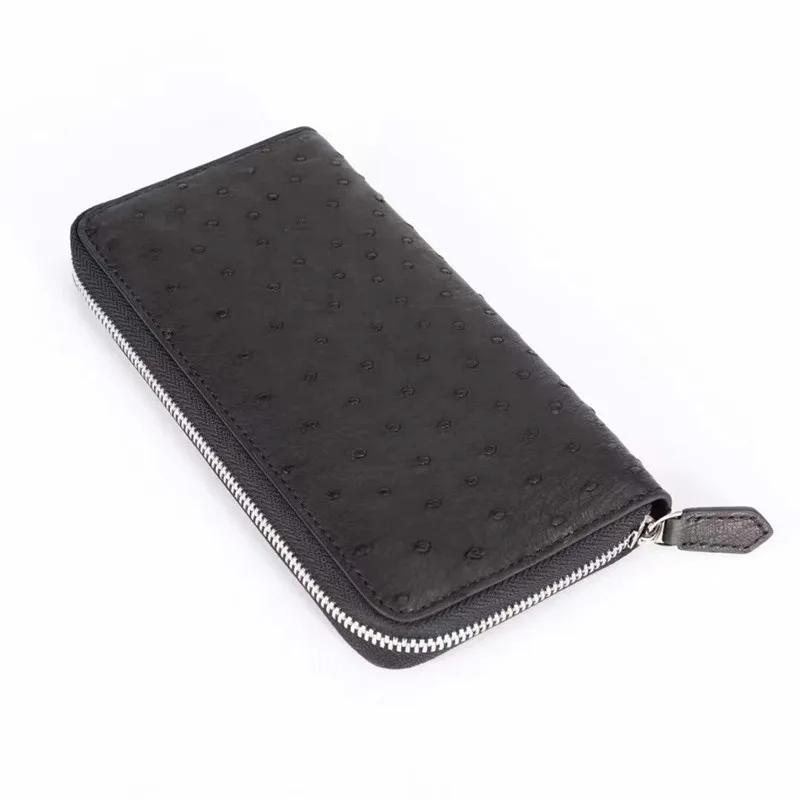 Authentic Exotic Real True Ostrich Skin Men's Long Wallet Genuine Leather Zipper Closure Male Large Card Holders Clutch Purse