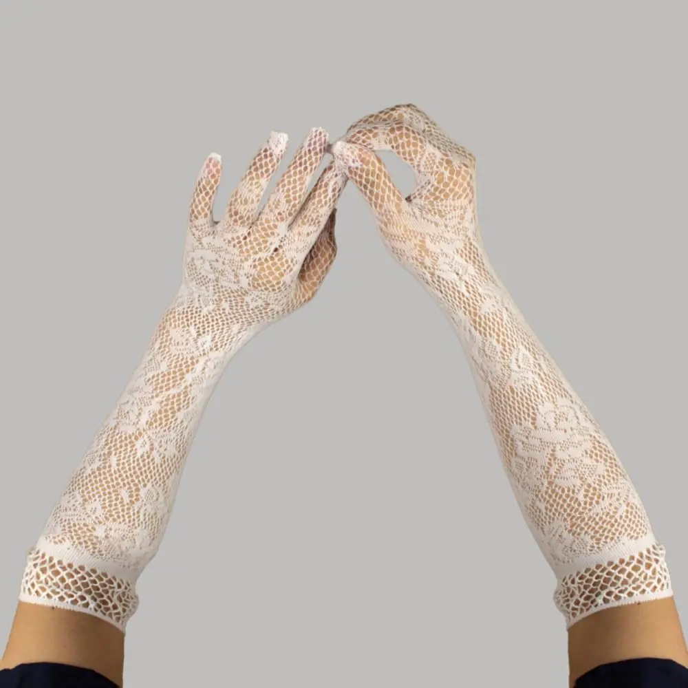 Guantes de encaje de rejilla con flores, protección solar, protector solar transparente, guantes largos, guantes de boda para novia, mitones finos de verano para fiesta