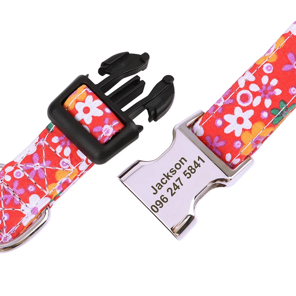 Collar personalizado con estampado Floral para mascotas, Collar de Nylon para perro con grabado gratuito, para perros pequeños, medianos y gatos,