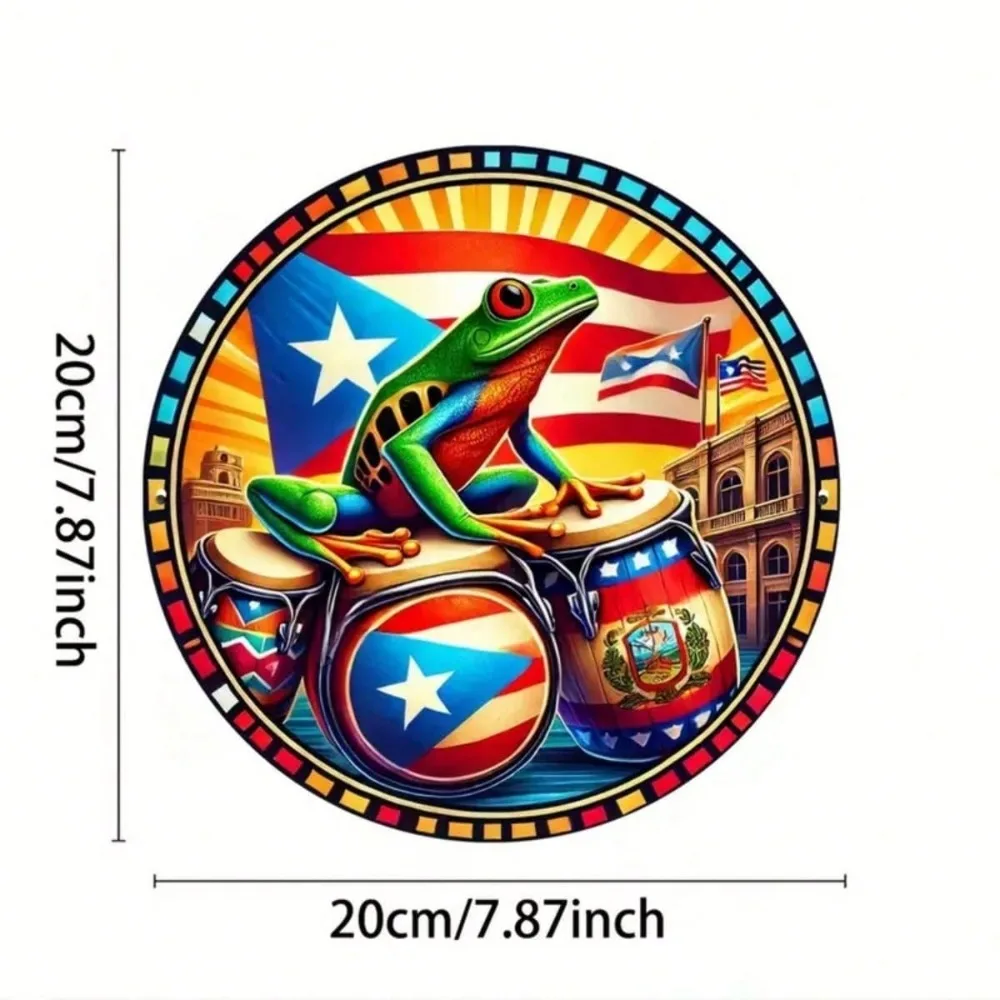 1pc 8x8 Inch Round Metal Wall Art Decor! Puerto Rican Flag & Frog Design – Waterproof, Fade-Resistant Indoor/Outdoor Decor