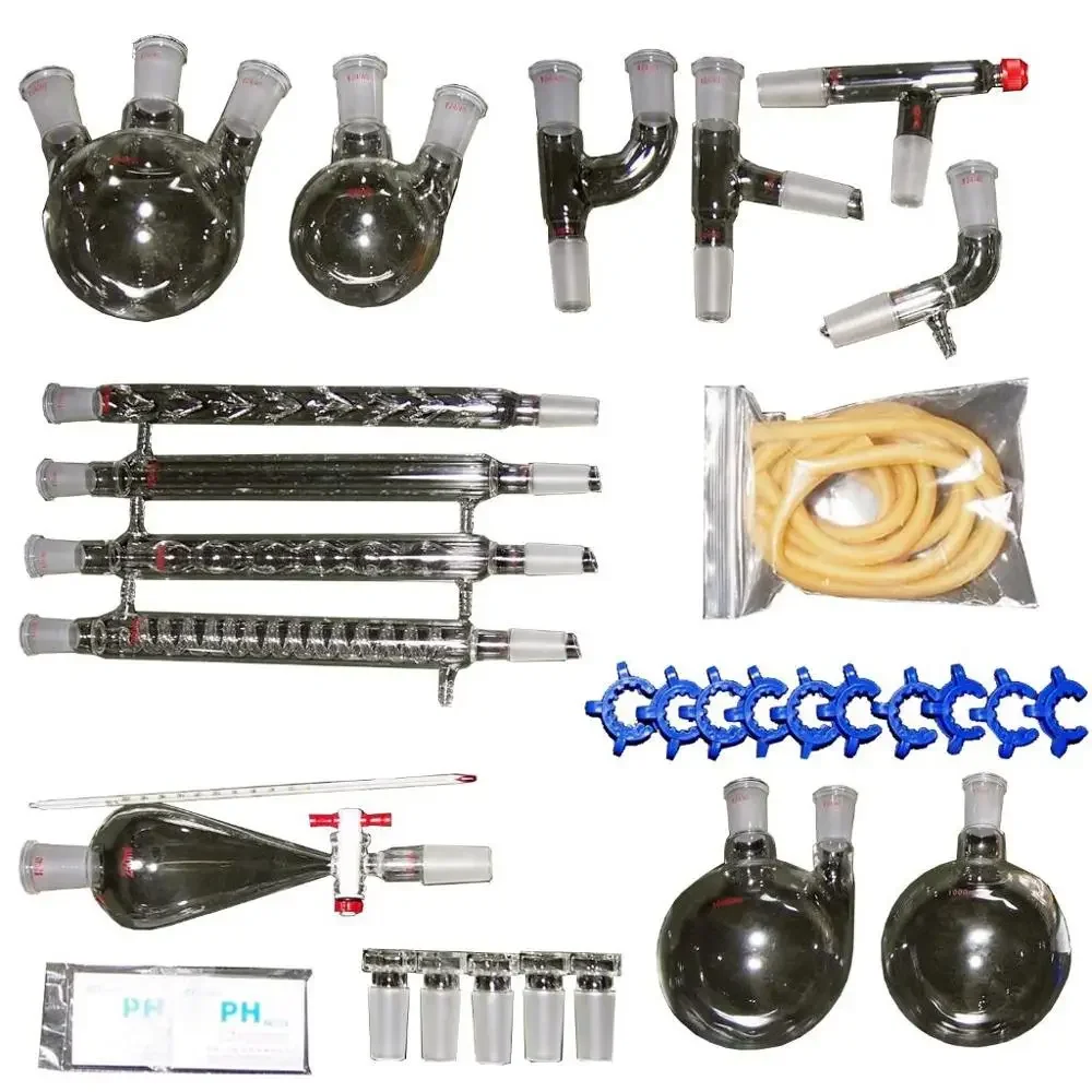 

32 Pcs/Set New Laboratory Essential Oil Distillation Apparatus Glassware Kit Full Set w/Graham Condenser Thermometer