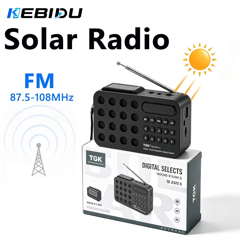 KEBIDU Solar-Ladebares Tragbares FM-Radio, Taschen-Bluetooth-Lautsprecher, Multifunktionales Radio, USB-TF-Karten-MP3-Musikwiedergabe, FM-Empfänger