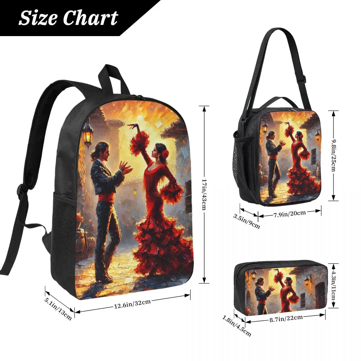 Vibrant Flamenco Dancer Backpack Student BookBag School Bag Laptop Shoulder Bags 3ps Insulated Lunch Bag Pencil Case