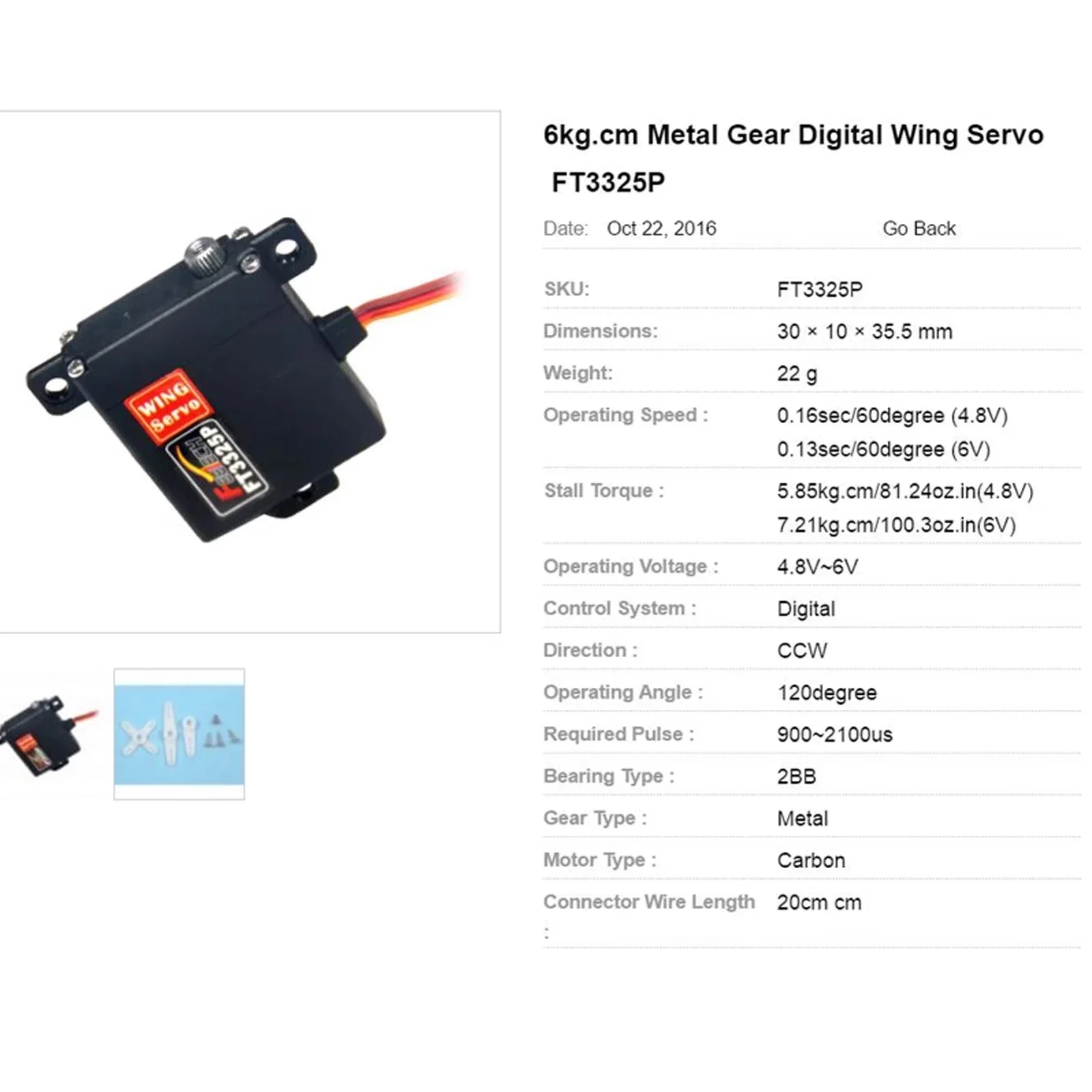 Feetech FT3325P 7KG High Speed Digital Servo Motor 6V 120 Degree 0.1s Metal Gear for RC Fixed Wing