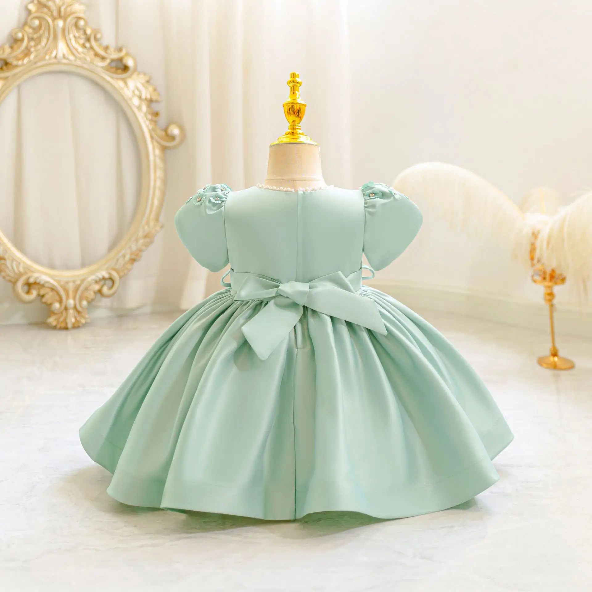 HETISO Baby Girls Dress Ribbon Bow Newborn Princess Party Ball Gown Satin Pearls Kids 1 Years Birthday Wedding Costume