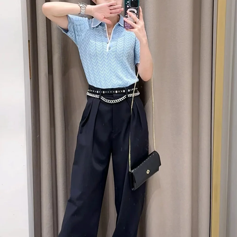 

M Home, лето 2024, сладкий цвет, вязаный свитер с волнистым узором и выдолбленным воротником, женский тонкий пуловер, вязаный крючком на палец