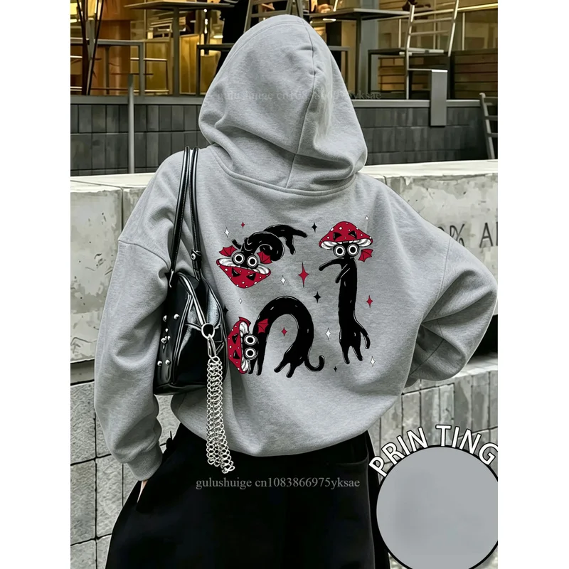 Damen Gothic Neuer Kawaii Sweatshirt Streetwear Hoodie Niedlicher Roter Pilz-Katzen-Print Urban Casual Herbstkleidung 2026