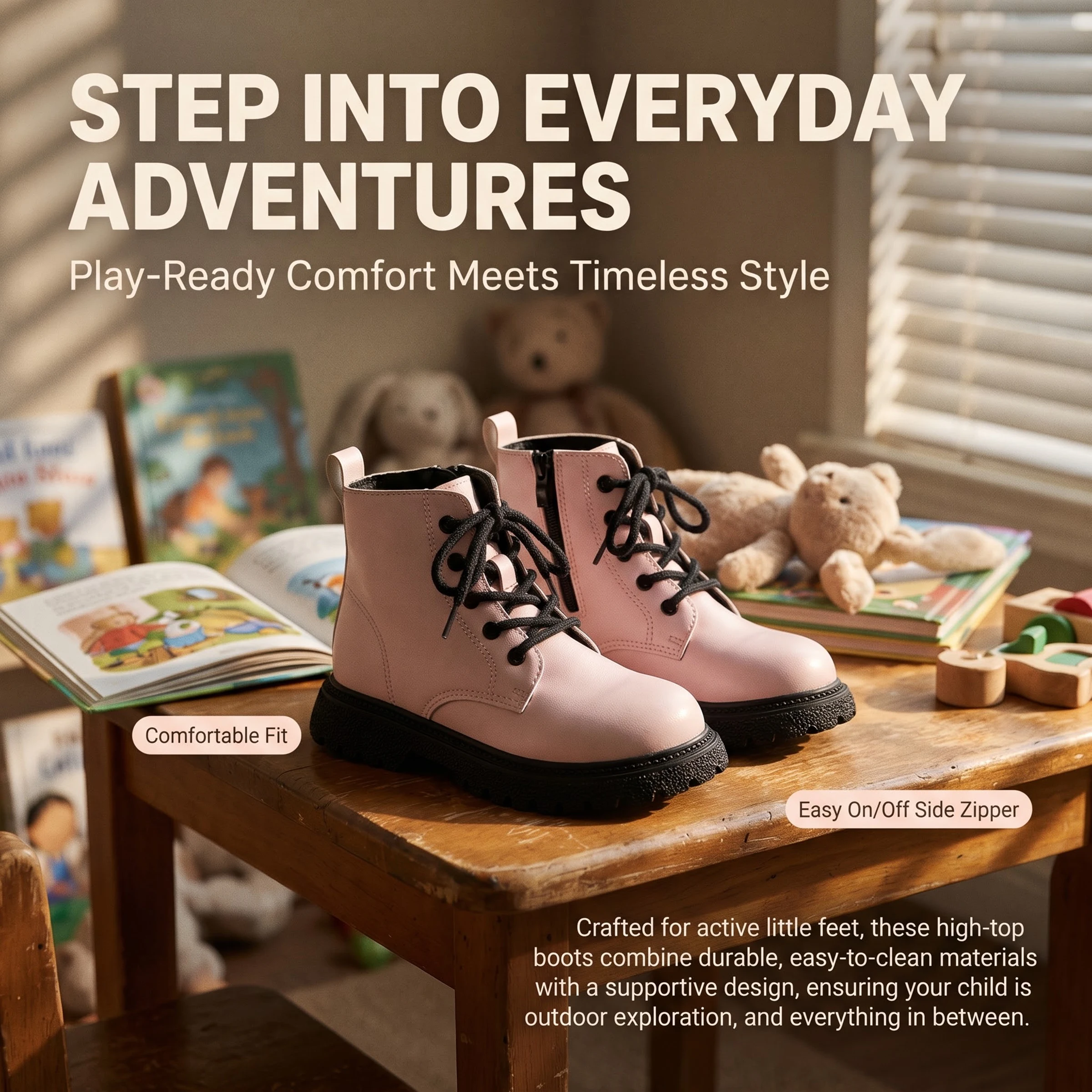 COMFY KIDS Girls Ankle Boots Glossy PU Upper Lace Up Side Zipper Thick Chunky Sole Fashion Casual High Top Kids Boots