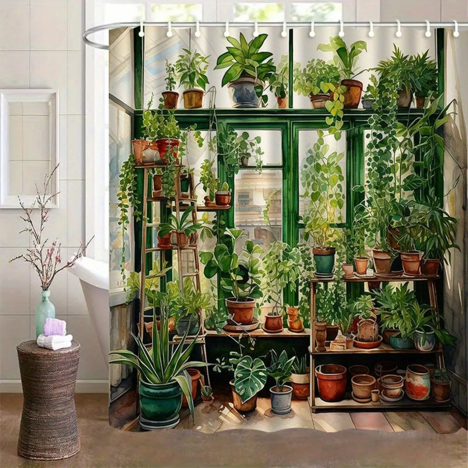 

Green House Plant Shower Curtain Indoor Garden Botanical Decor Lush Foliage Bath Curtains for Nature Home