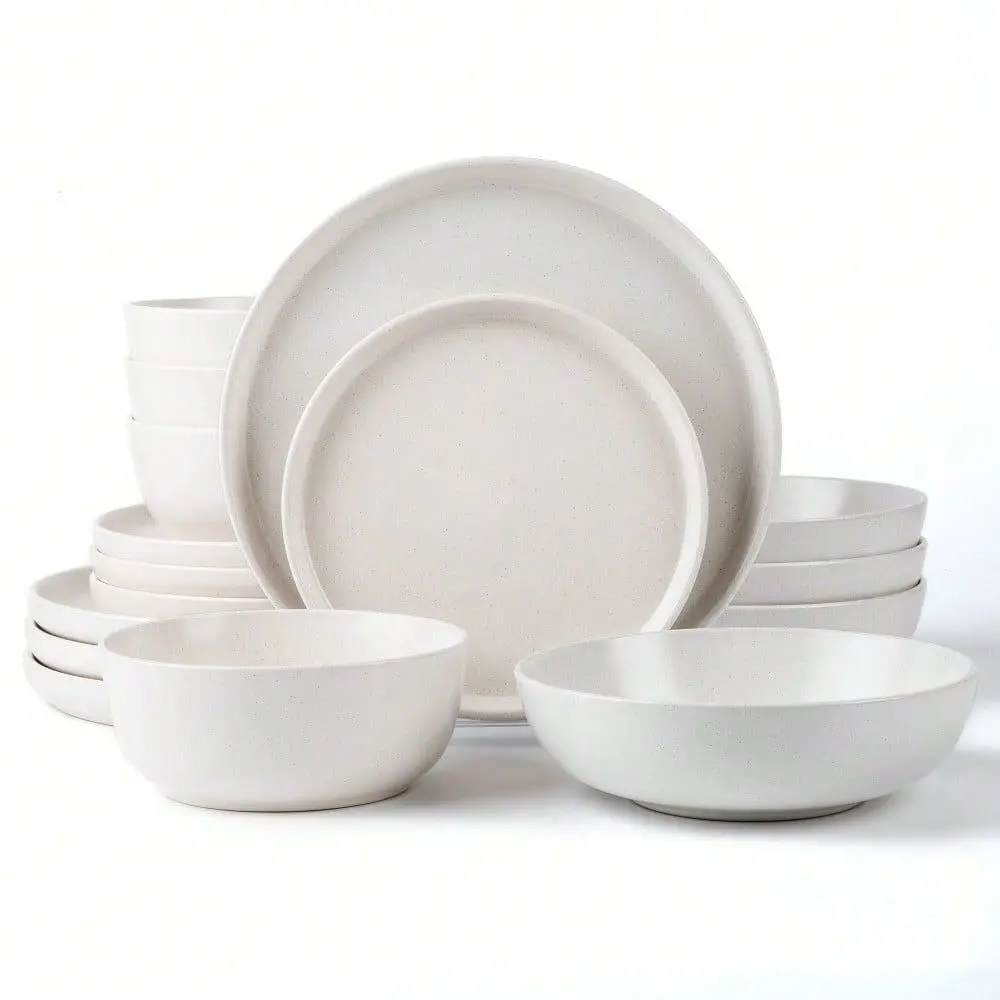 

Square Stoneware 16pc Double Bowl Dinnerware Set For 4, Dinner Plates, Side Plates, Cereal Bowls, Pasta Bowls Reactive Glaze Re