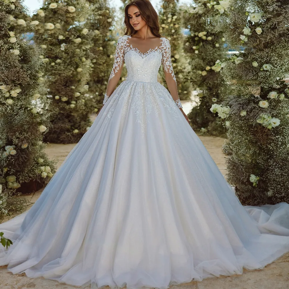 

A-Line Wedding Dress 2023 Chic Tulle Beading Embroidery Lace Long Sleeves Bridal Gown Vestidos Noiva Robe De Mariage