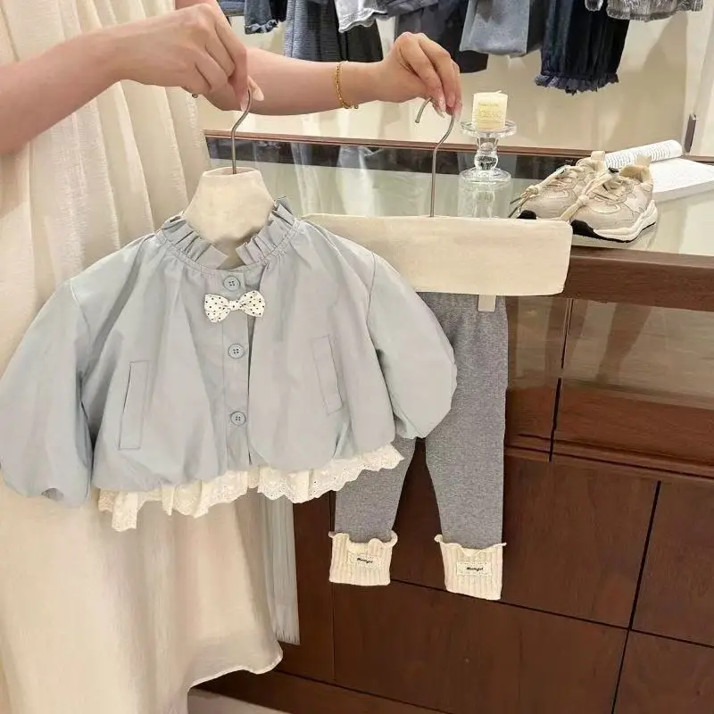 

Girls' Windbreaker Coat Spring and Autumn New Style Korean Edition Children's Baby Lace Coat leggings Kids Clothing