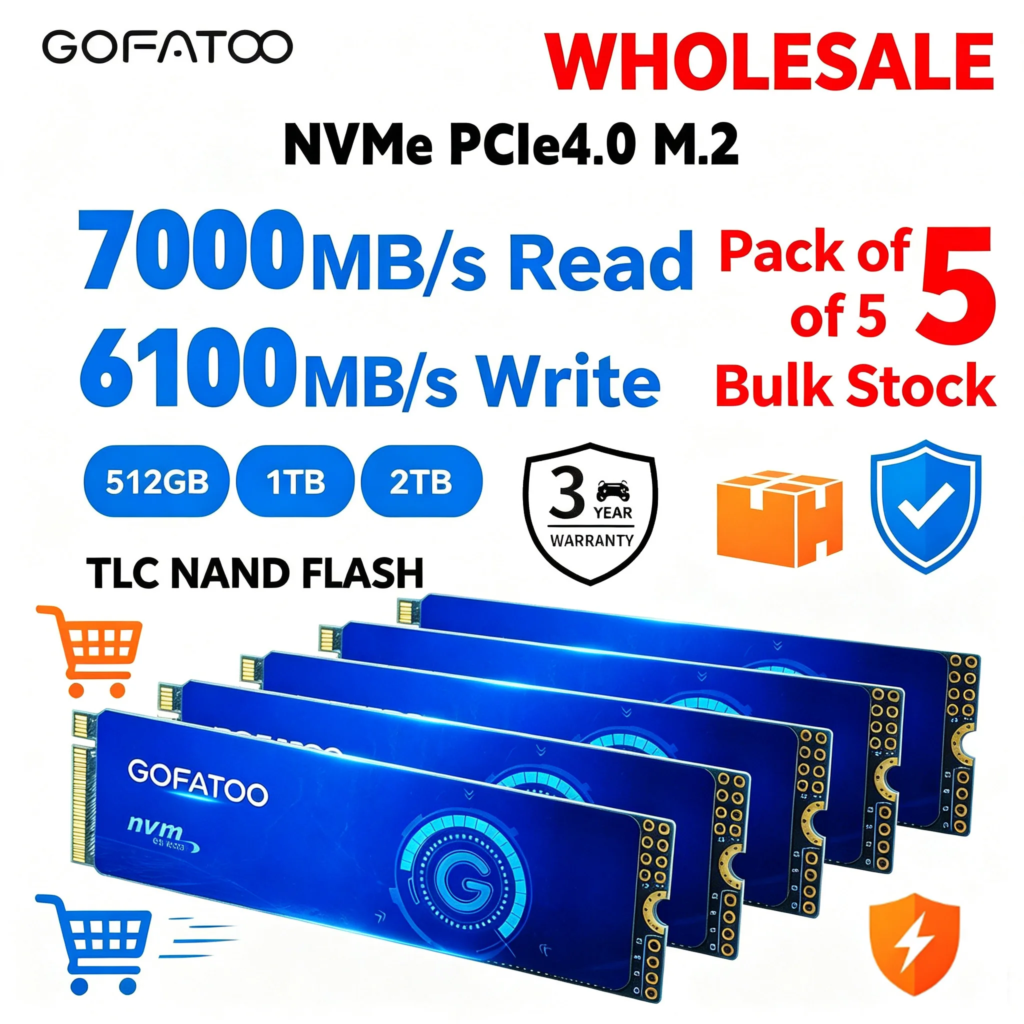 GOFATOO PCIe4.0 M.2 2280 NVMe SSD 7000MB/s,5 Pack 2TB for PC Laptop,Dropshipping Supported