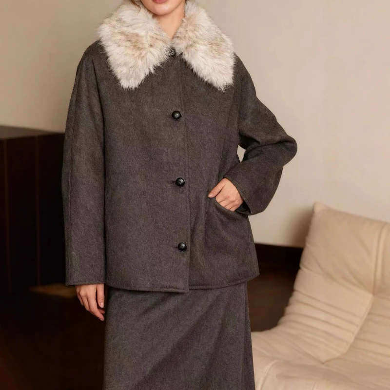 

Women's Faux Fur Collar Jacket, Woolen Coat, Versatile and Fashionable