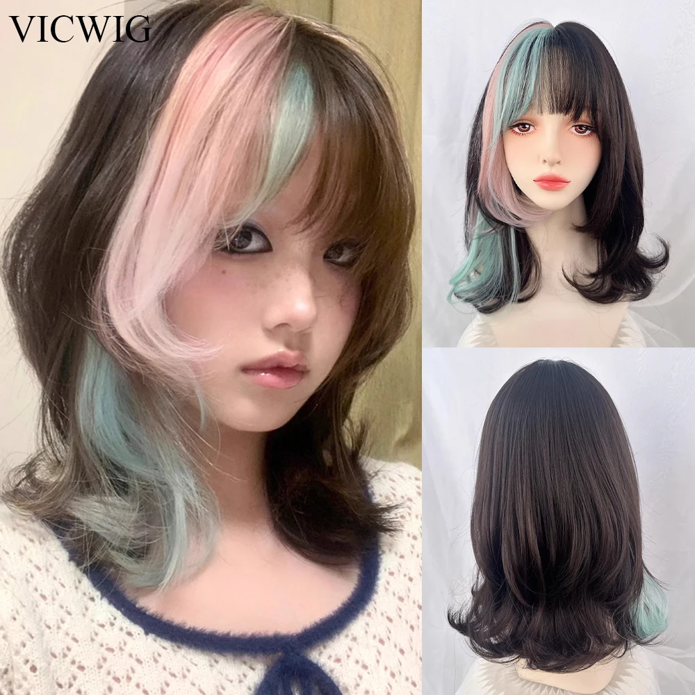 VICWIG Synthetic Short Wavy Ombre Brown Pink Mixed Wig with Bangs Lolita Cosplay Women Natural Fluffy Hair Wig for Daily Party