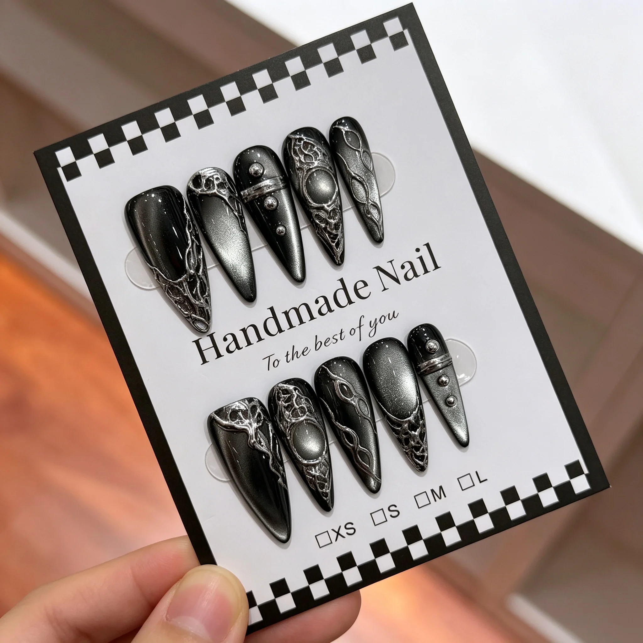 10pcs Long Point Handmade Press on Nails Black High-Gloss Cat-Eye Fake Nail Punk Style Handcrafted False Nail for Women&Girl