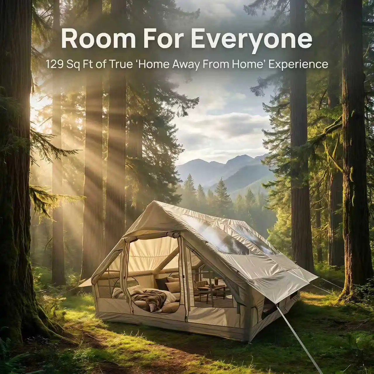 Luxuriöses 12 Quadratmeter großes aufblasbares Campingzelt für Familien, geräumiger Outdoor-Unterschlupf für 6-8 Personen, mit zwei Dachfenstern