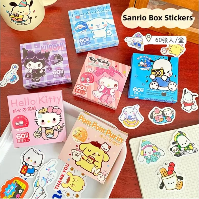 

60pcs/box Sanrio Kuromi My Melody Cinnamoroll Hello Kitty DIY Waterproof Sticker Cute Cartoon Laptop Decoration Sticker Kid Toys