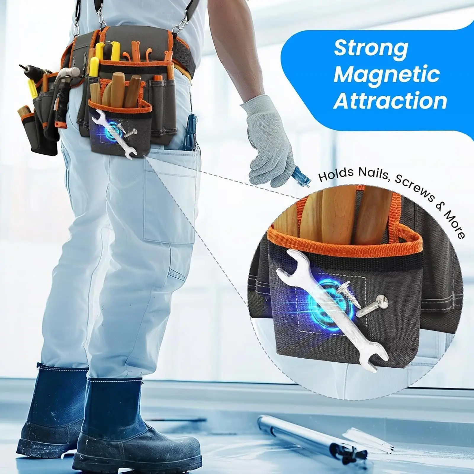 Cinturón de herramientas para hombre, 2 bolsas magnéticas con tirantes, cinturón de utilidad resistente de 18 bolsillos para construcción de enmarcado de cableado eléctrico