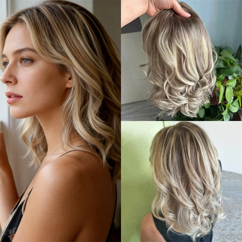 Ombre Blonde with Brown Streaks Highlights Synthetic Lace Front Wig for Women Short Wave Bob Wig Heat Resistant Fiber Wig 14''