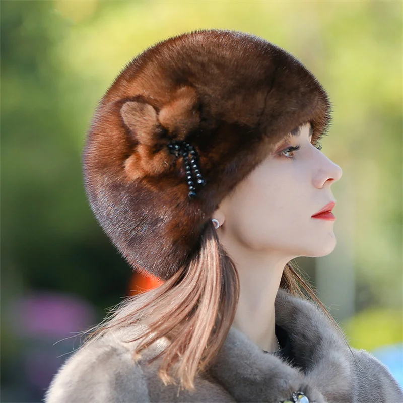 New Russian Women\'s Fur Ski Cap Winter Warm Mink Cap Luxury Hat Female Ear Cap Fishermen Warm Ear Cap Flower Basin Cap