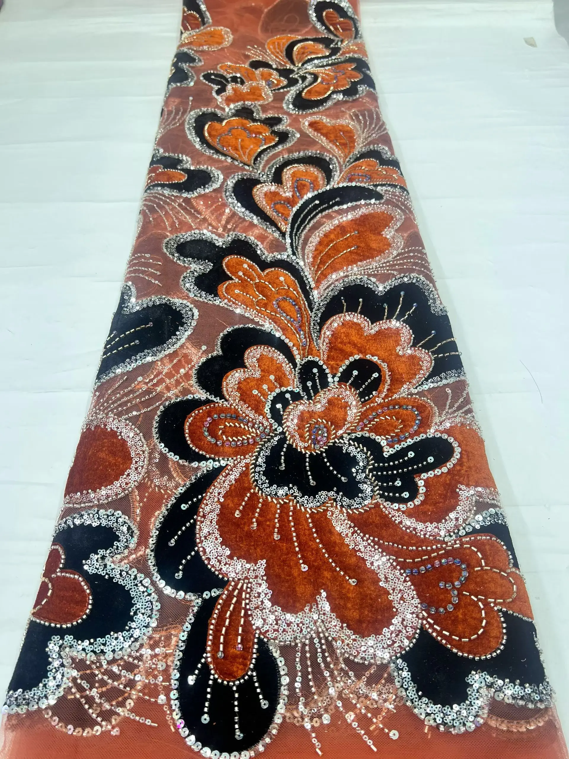 Top Grade High-Quality African Nigerian velvet lace fabric Sequins Beads Guipure For Sewing Wedding / Prom Party Dress 5 Yards