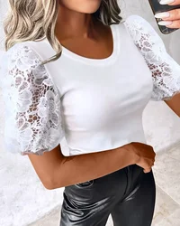 White Tops Women 2025 Summer Fashion Floral Pattern Contrast Lace Puff Sleeve Casual Plain U-Neck Short Sleeve Daily T-Shirt Top