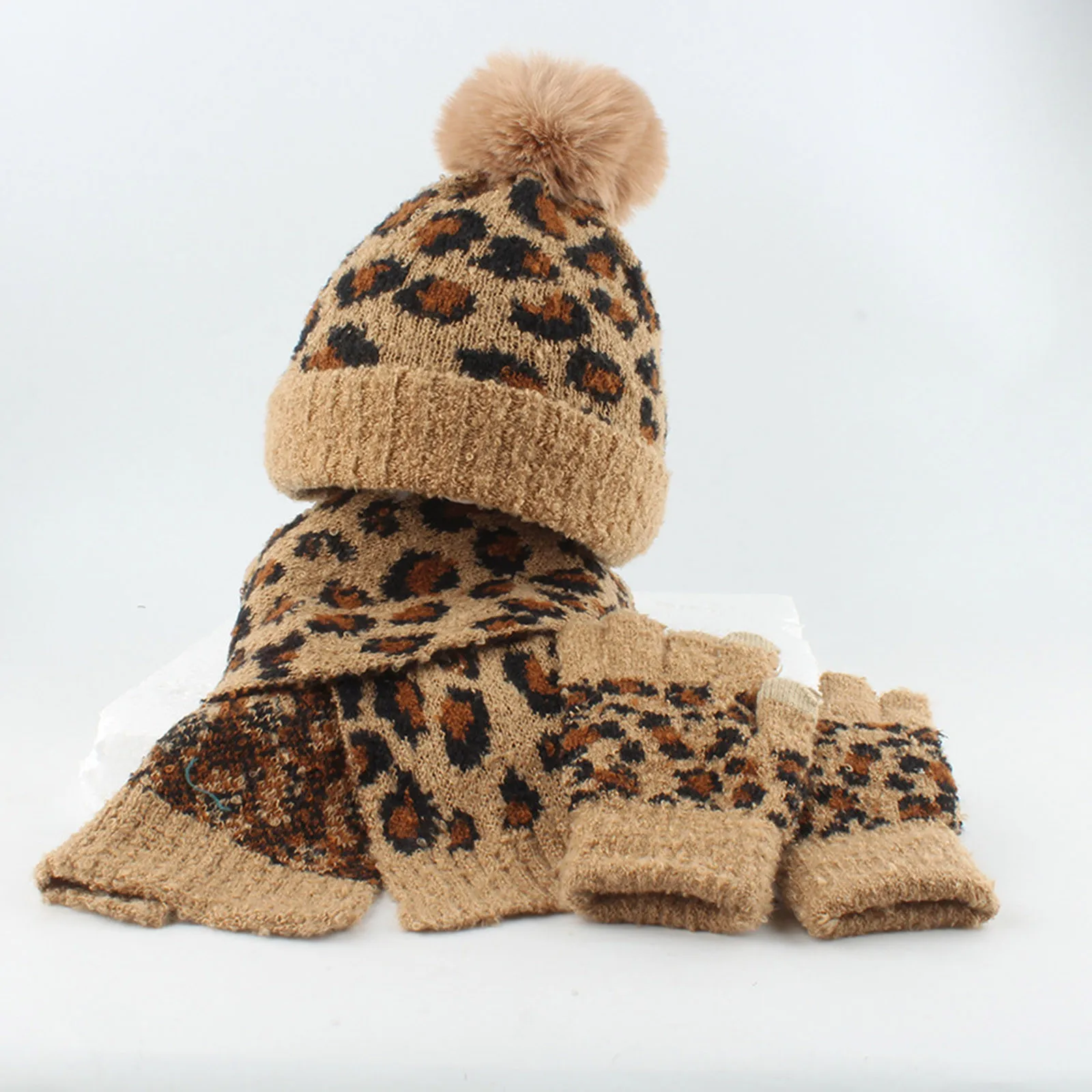 

Winter Cold Resistant Knitted Hat Set For Kids Girls Leopard Print Outdoor Autumn Warm Woolen Hat Scarf Gloves Three Piece Set