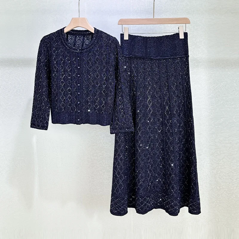 Early Spring Lady Style Heavy Industry Bright Silk Crewneck Rhinestone Knitted Suit