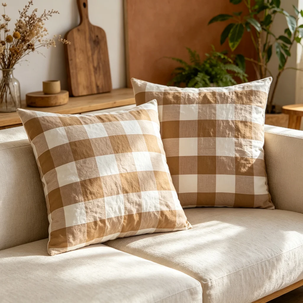 Pradege pattern, striped brown white printed square pillow cover, solid color khaki, home decoration, sofa bed